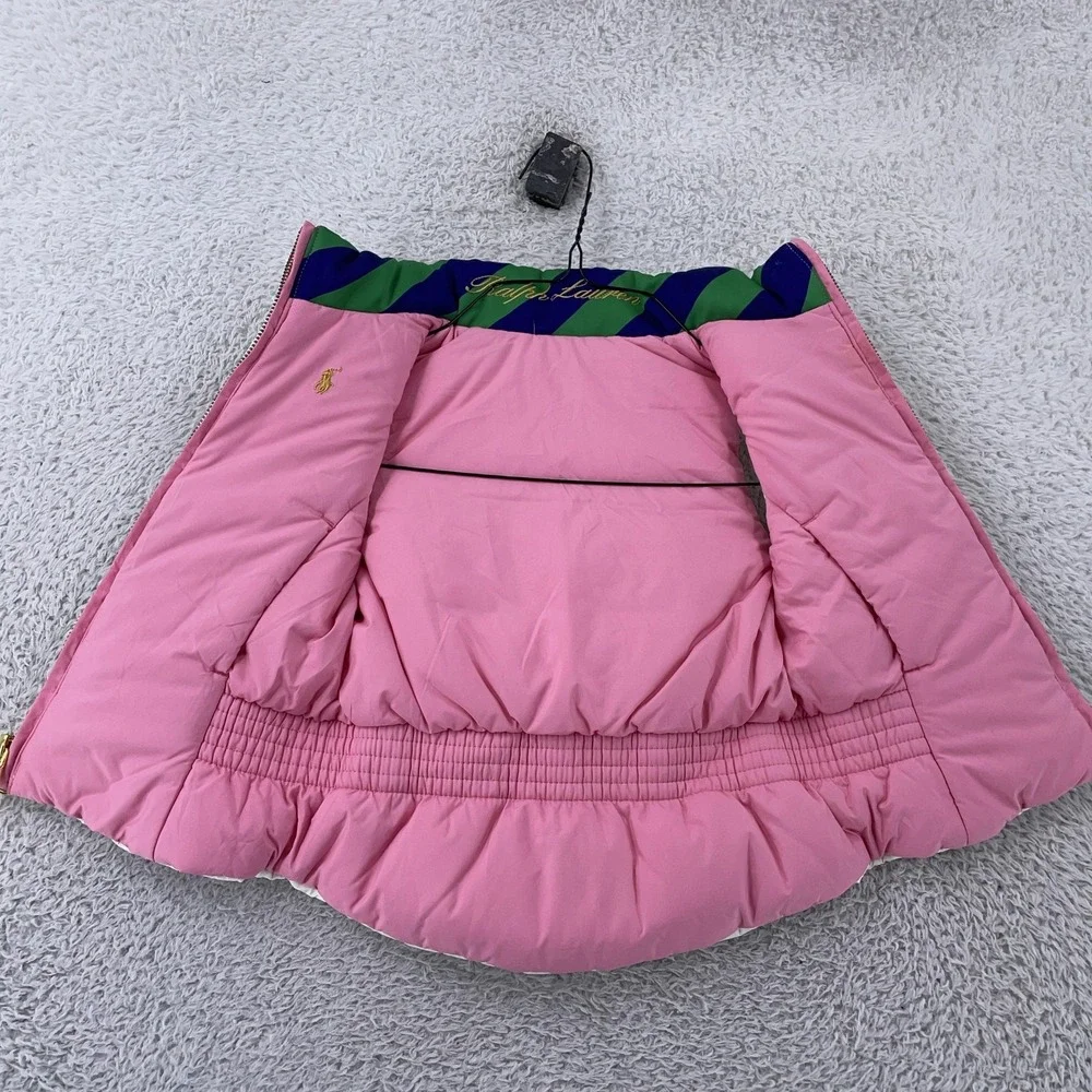 Polo Ralph Lauren Girls 2T Reversible Down Puffer Vest Pink‎ White Quilted Pony